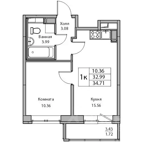 1-к кв. Санкт-Петербург ул. Ивинская, 5к1 (32.99 м) - Фото 0