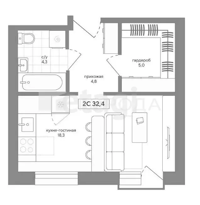 Квартира-студия: посёлок Садовый, Спортивная улица, 36 (32 м) - Фото 1
