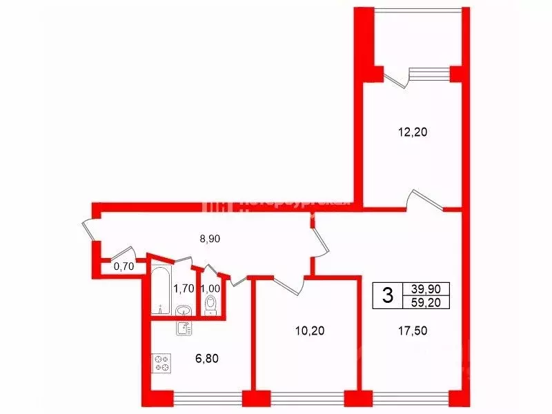 3-к кв. Санкт-Петербург ул. Белы Куна, 26К1 (59.2 м) - Фото 1