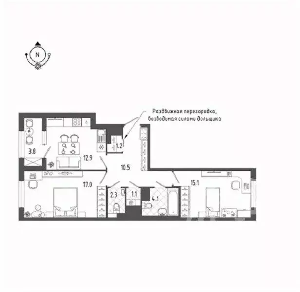 Квартира, 2 комнаты, 66.09 м - Фото 1