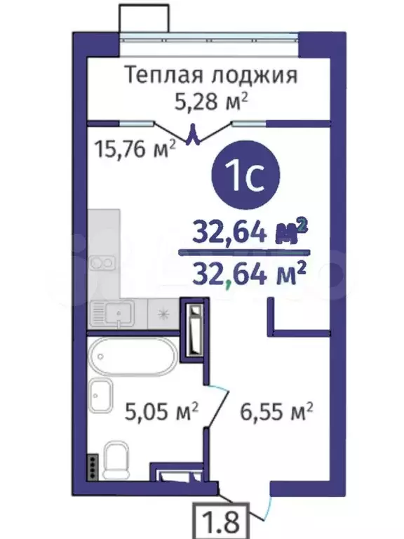 Квартира-студия, 32,6 м, 14/24 эт. - Фото 1