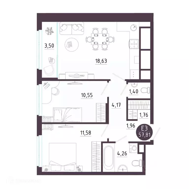 2-к кв. Рязанская область, Рязань Московское ш. (57.81 м) - Фото 1