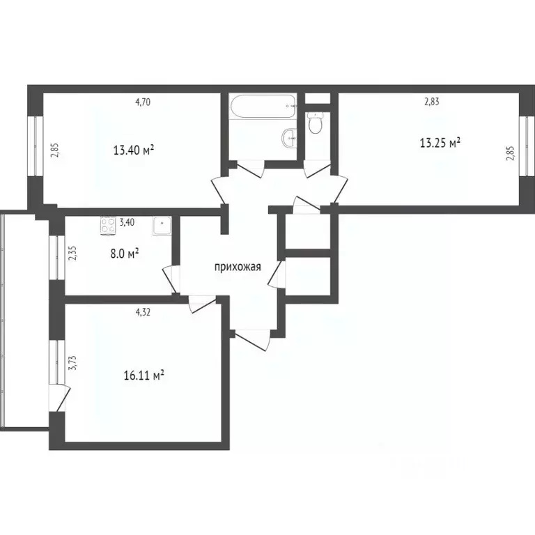 3-к кв. Бурятия, Улан-Удэ Ключевская ул., 72 (66.7 м) - Фото 2