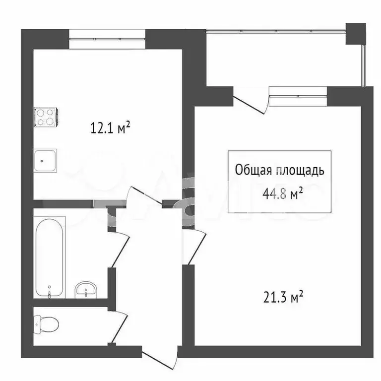 1-к. квартира, 44,5 м, 9/9 эт. - Фото 0