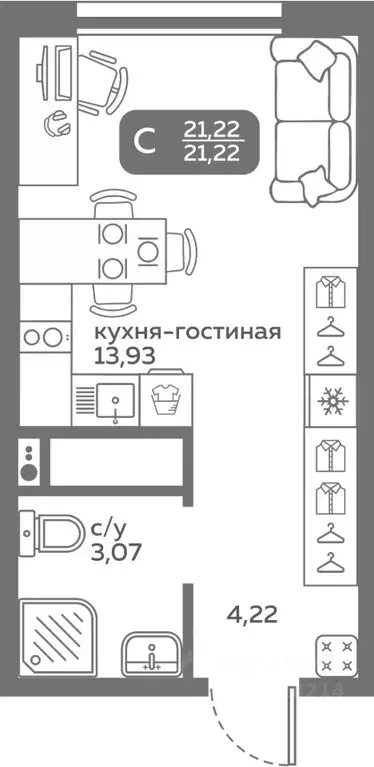 Студия Тюменская область, Тюмень ул. Вадима Бованенко, 10 (21.22 м) - Фото 0