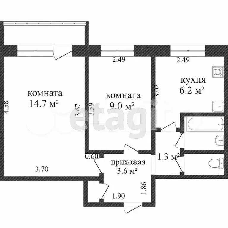 2-к. квартира, 38,5 м, 2/5 эт. - Фото 0