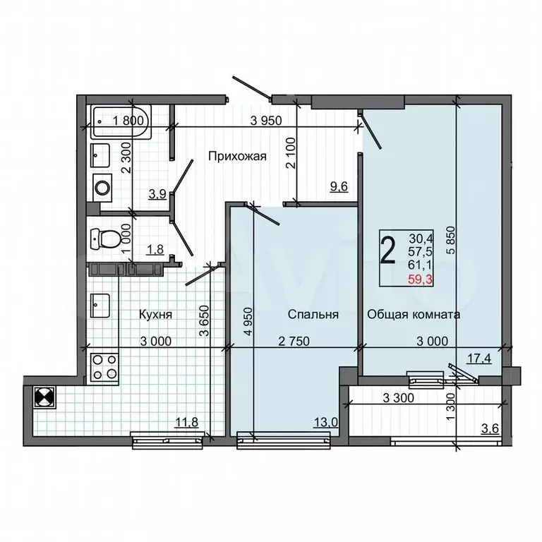2-к. квартира, 59 м, 3/4 эт. - Фото 0
