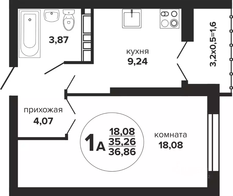 1-к кв. Краснодарский край, Краснодар Российская ул., 257/7 (36.86 м) - Фото 0