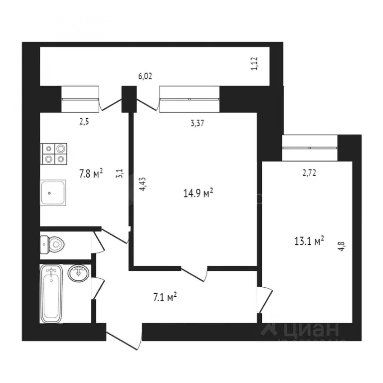 2-к кв. Тюменская область, Тюмень ул. Дружбы, 163 (47.8 м) - Фото 1