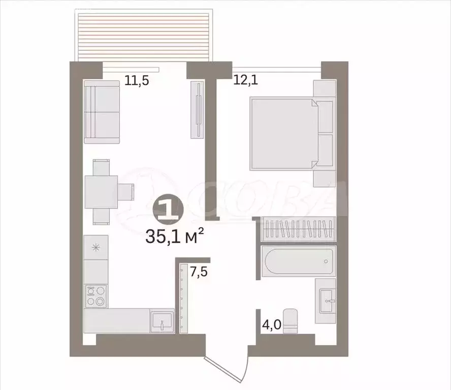 1-комнатная квартира: Тюмень, Арктическая улица, 16 (35.1 м) - Фото 1