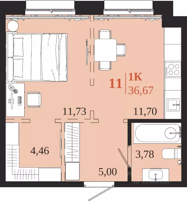 1-к кв. Иркутская область, Иркутск 1661 жилой комплекс (36.67 м) - Фото 1