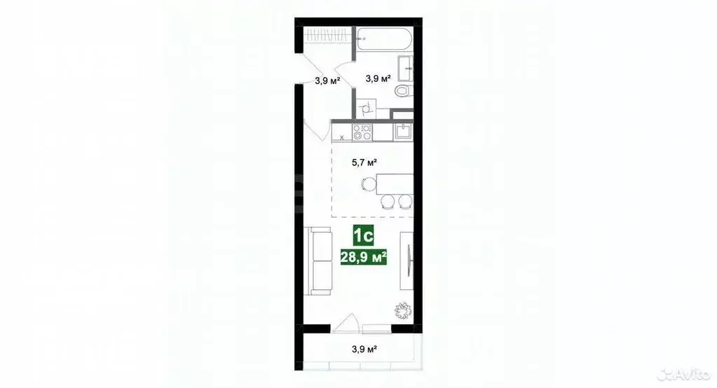 Студия Курская область, Курск ул. Энгельса, 158к1 (28.2 м) - Фото 2