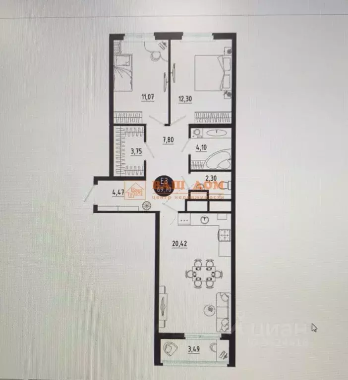 2-к кв. Тульская область, Тула ул. Купцов Гречихиных, 8 (69.0 м) - Фото 2