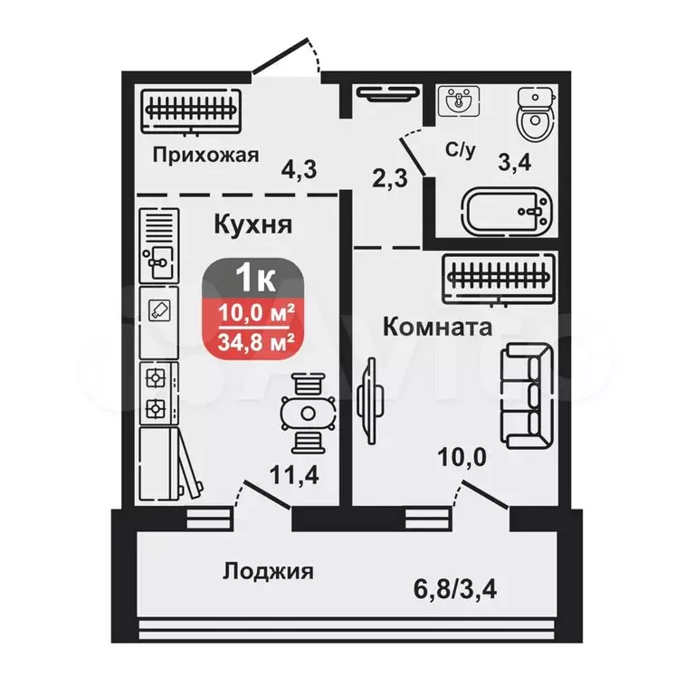 1-к. квартира, 34,8 м, 5/8 эт. - Фото 0