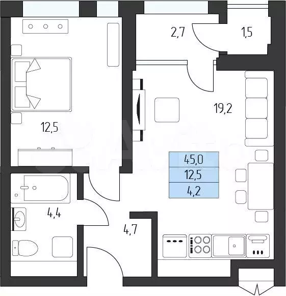 1-к. квартира, 43,6 м, 5/7 эт. - Фото 1