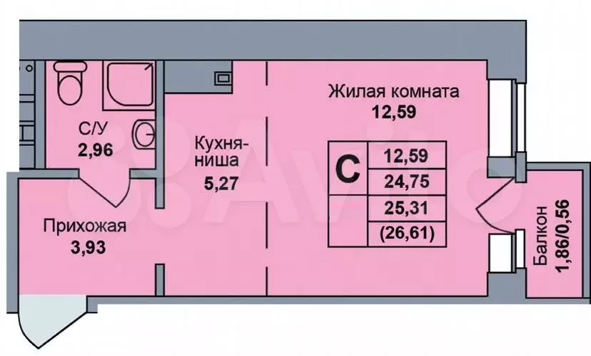 Квартира-студия, 26,6м, 17/17эт. - Фото 1