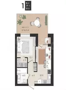 1-к. квартира, 51,5 м, 1/4 эт. - Фото 1