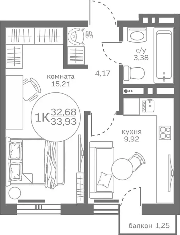 1-комнатная квартира: деревня Патрушева, улица Петра Ершова, 8 (32.68 ... - Фото 0