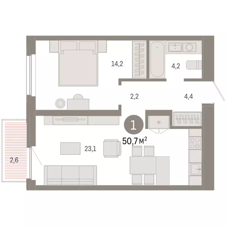 1-комнатная квартира: Тюмень, Мысовская улица, 26к2 (50.66 м) - Фото 1