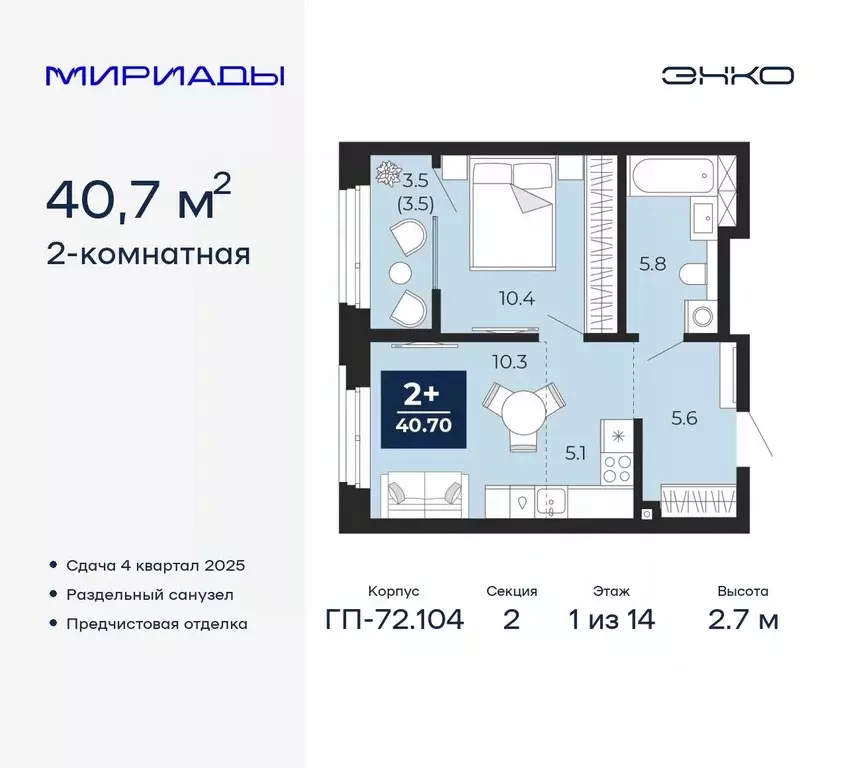 2-к кв. Тюменская область, Тюмень Мириады жилой комплекс (40.7 м) - Фото 0