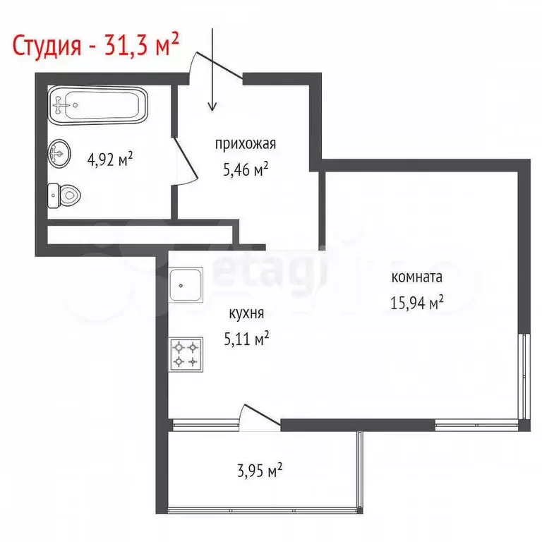 Квартира-студия, 31,3 м, 2/25 эт. - Фото 1