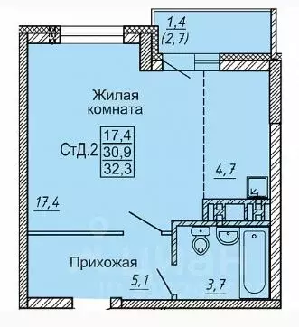 Студия Новосибирская область, Новосибирск ул. Петухова, 162 (31.5 м) - Фото 0
