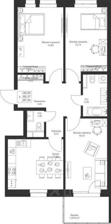 3-к кв. Татарстан, Лаишевский район, Столбищенское с/пос, с. Усады ул. ... - Фото 1
