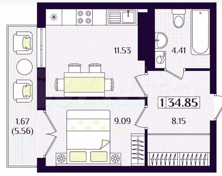 1-к. квартира, 34,9 м, 5/7 эт. - Фото 1
