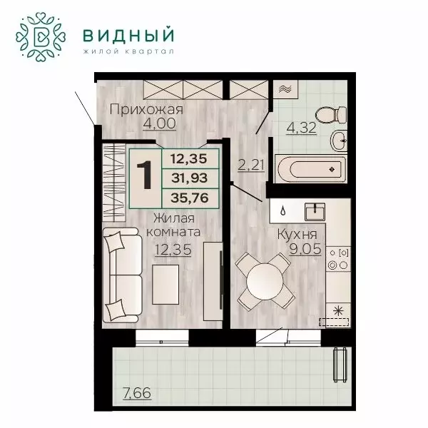 1-комнатная квартира: Пермь, микрорайон КамГЭС (35.76 м) - Фото 0