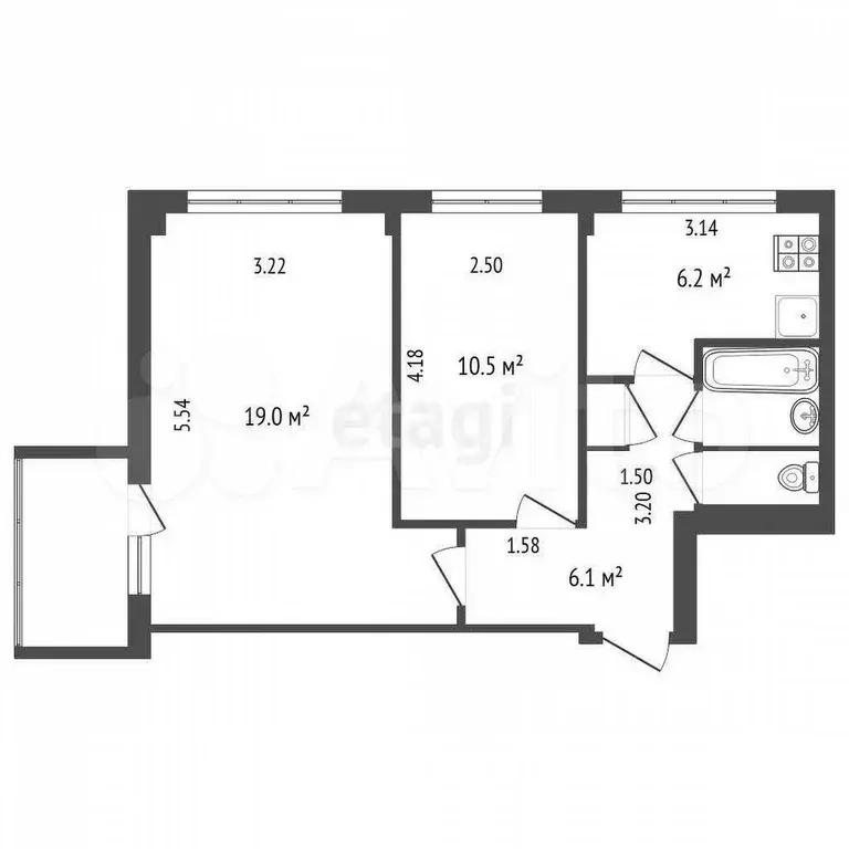2-к. квартира, 45,6 м, 2/9 эт. - Фото 0
