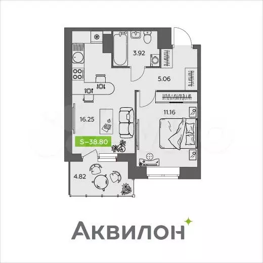 1-к. квартира, 38,8 м, 6/8 эт. - Фото 0