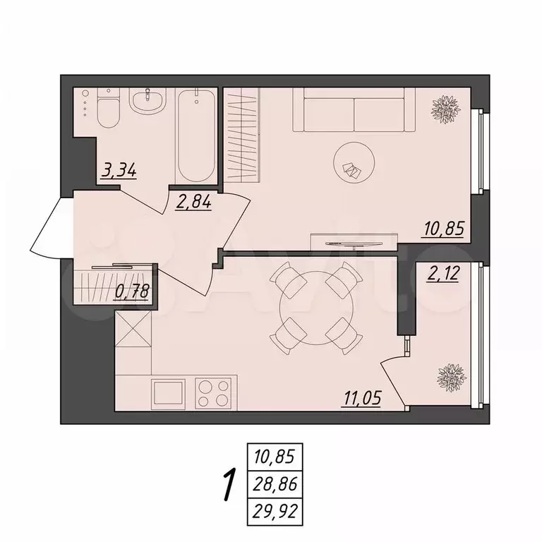 1-к. квартира, 29,9 м, 6/10 эт. - Фото 0