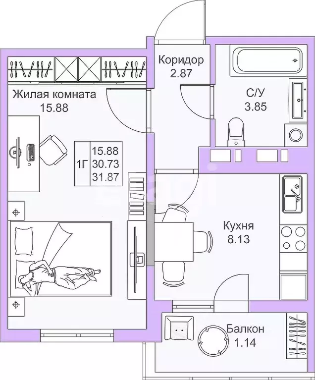 1-к кв. Татарстан, Казань ул. Александра Курынова, 6к2 (30.7 м) - Фото 2