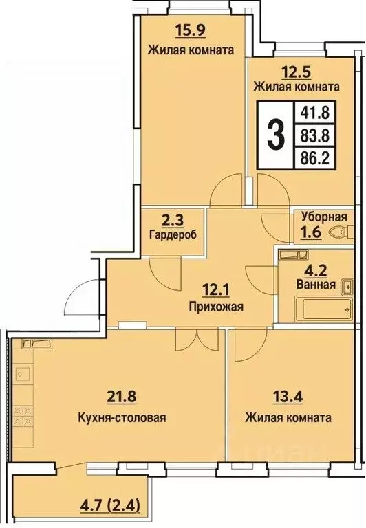 3-к кв. Чувашия, Чебоксары ул. Радужная, 15 (86.2 м) - Фото 0