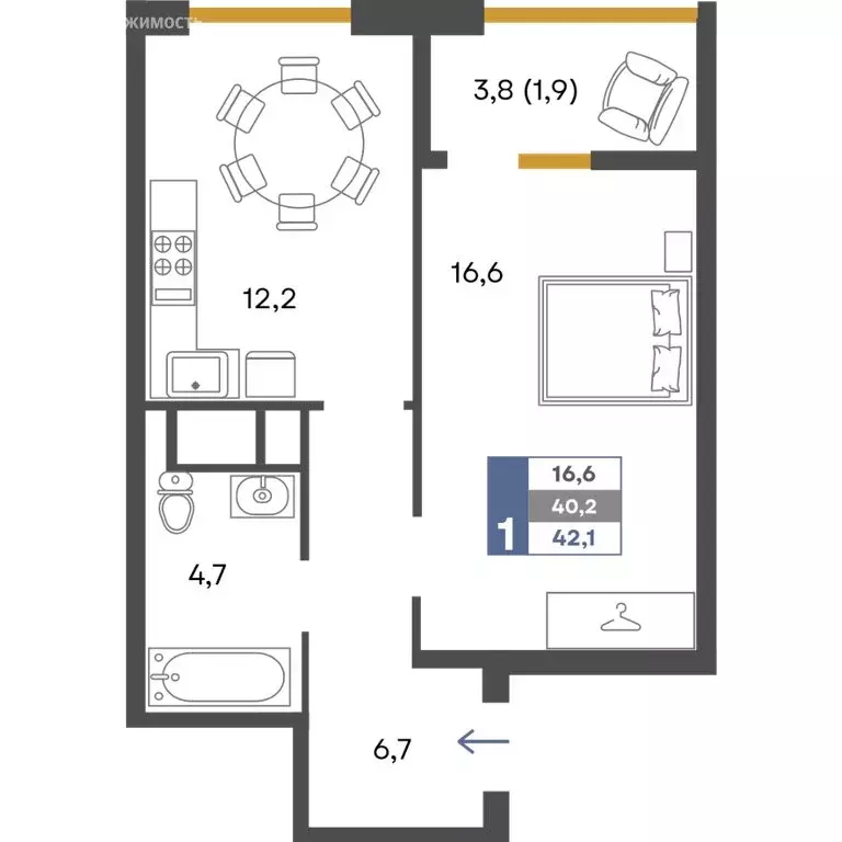 1-комнатная квартира: Перевальное, ЖК Предгорье (42.1 м) - Фото 1