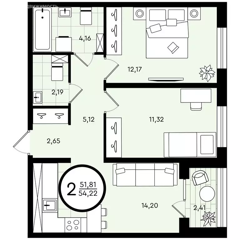 2-комнатная квартира: Тюмень, улица Александра Звягина, 5 (54.22 м) - Фото 0
