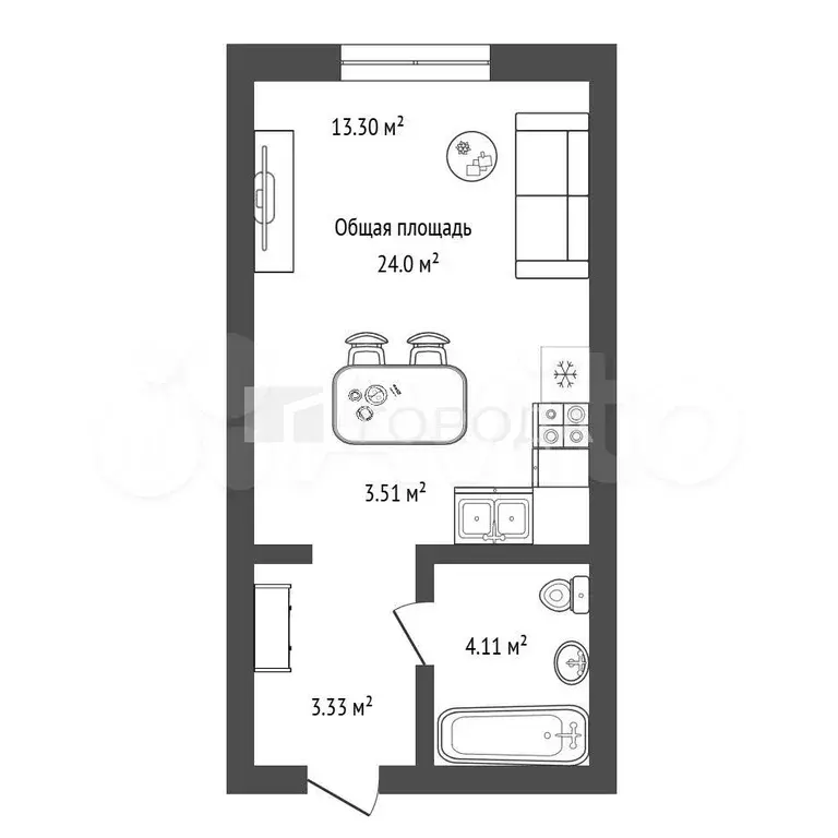 Апартаменты-студия, 24 м, 10/13 эт. - Фото 1