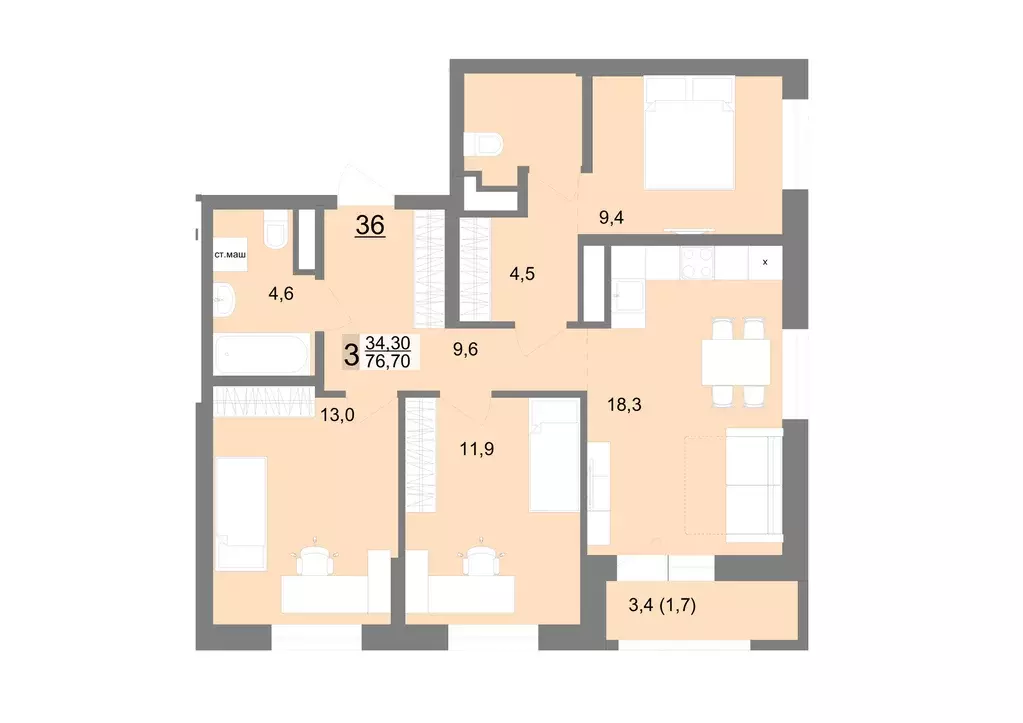 3-к квартира, 76.7 м - Фото 0