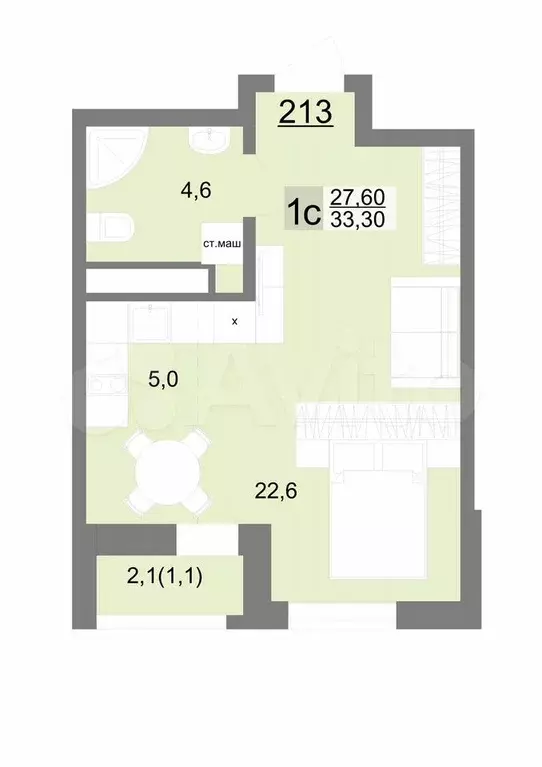 Квартира-студия, 33,3 м, 24/26 эт. - Фото 1