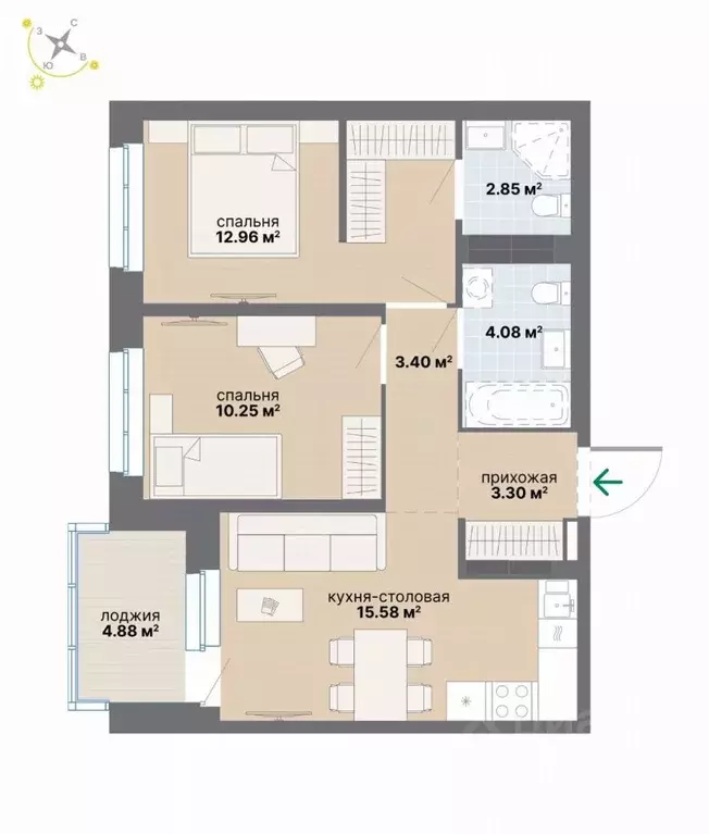 2-к кв. Свердловская область, Екатеринбург Эльмаш жилрайон,  (57.3 м) - Фото 1