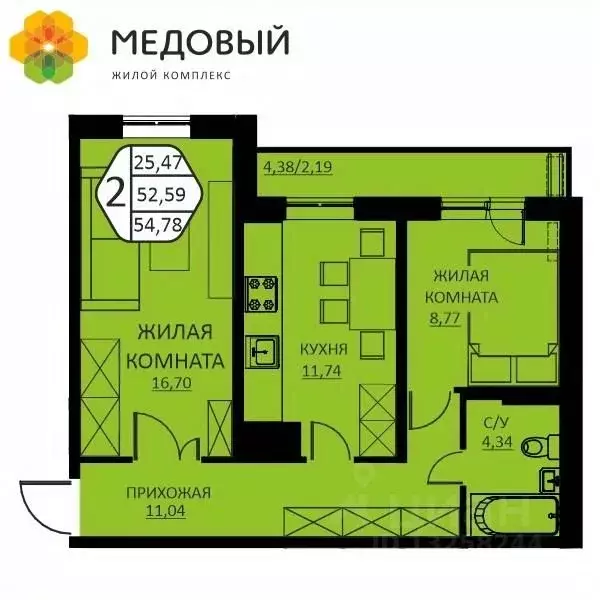 2-к кв. Пермский край, д. Кондратово ул. Н.М. Яблокова, 2 (54.78 м) - Фото 0