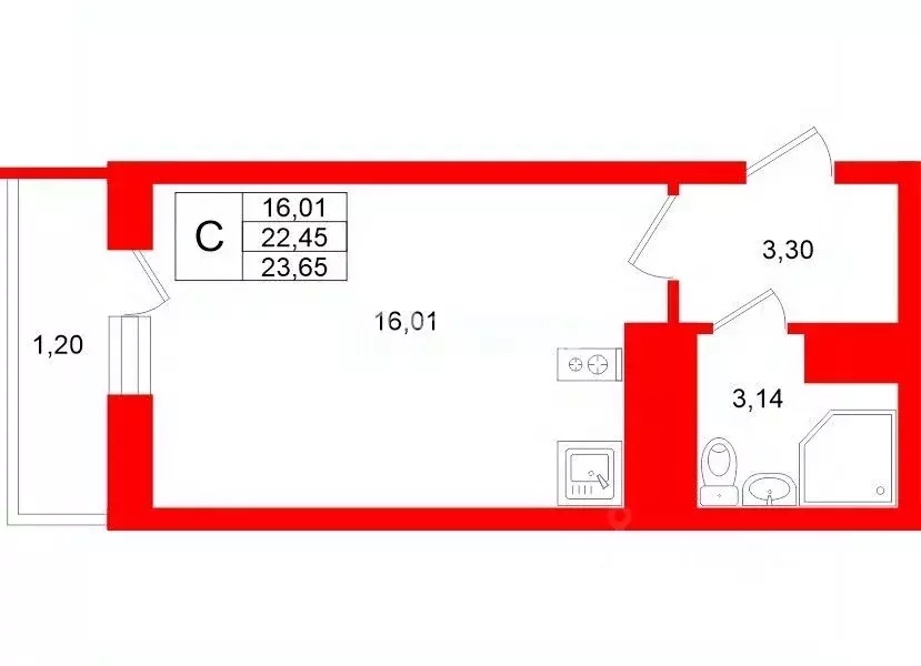Студия Санкт-Петербург Октябрьская наб., 44 (22.2 м) - Фото 2