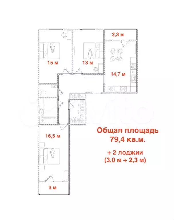 3-к. квартира, 79,4 м, 2/9 эт. - Фото 0