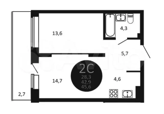 2-к. квартира, 45,6м, 2/22эт. - Фото 0