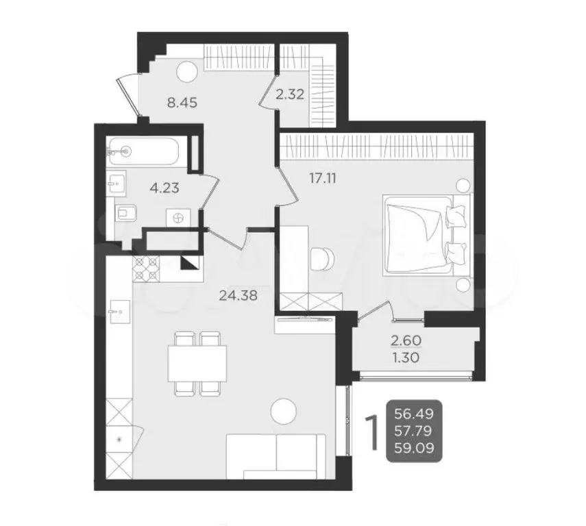 1-к. квартира, 57,9 м, 6/9 эт. - Фото 1