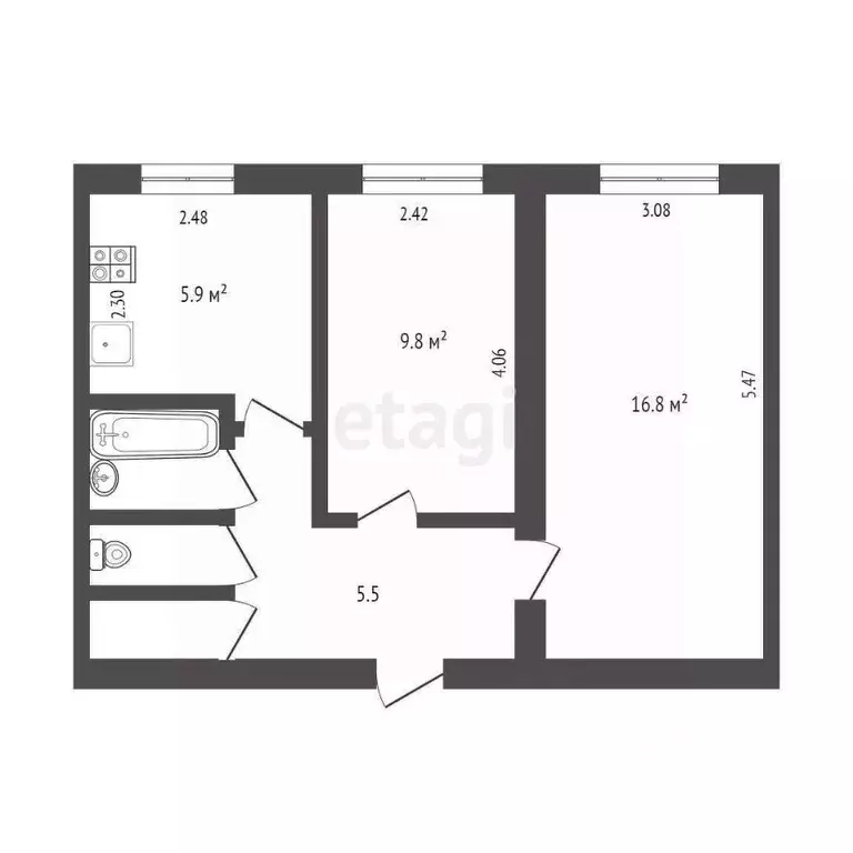 2-к кв. Архангельская область, Архангельск Холмогорская ул., 16 (42.3 ... - Фото 1