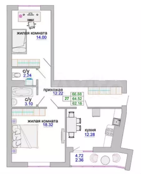 2-к. квартира, 66 м, 8/9 эт. - Фото 1