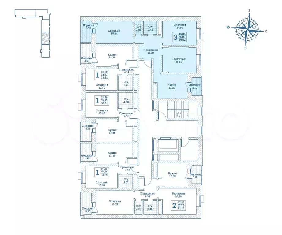 3-к. квартира, 79,8 м, 2/7 эт. - Фото 1