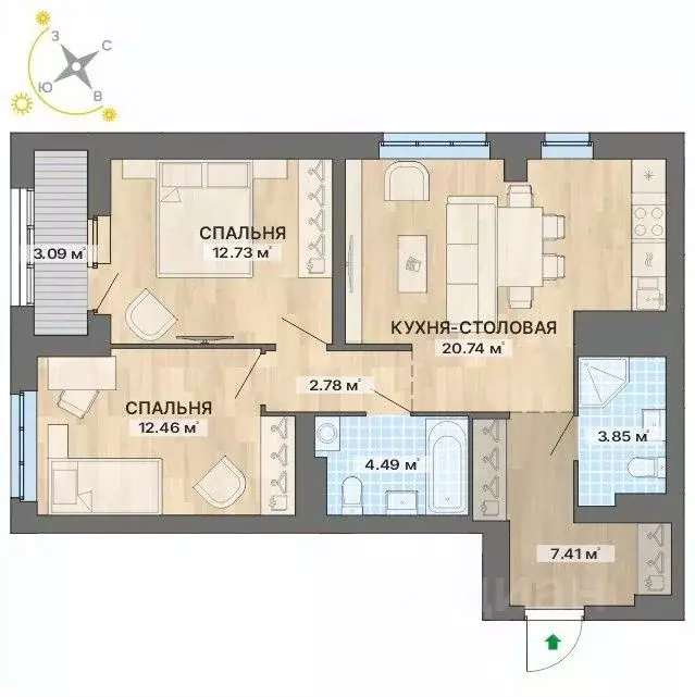 2-к кв. Свердловская область, Екатеринбург ул. Кузнецова, 11А (67.55 ... - Фото 0