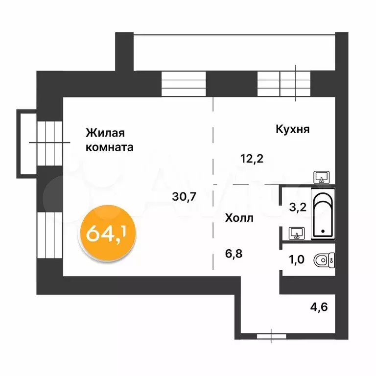 2-к. квартира, 64,1 м, 6/16 эт. - Фото 0